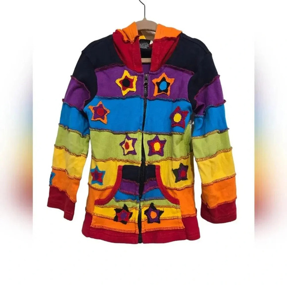 Rising International Boho Rainbow Patchwork Stars Hooded Jacket 3T - Picture 4 of 4